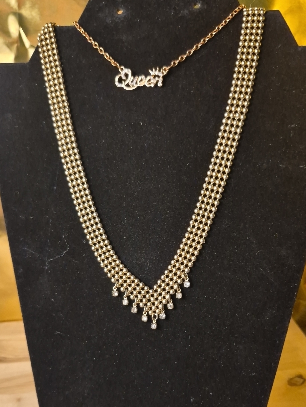 Gold-Tone Multi-Row Beaded Necklace with Crystal Drops - Unbranded